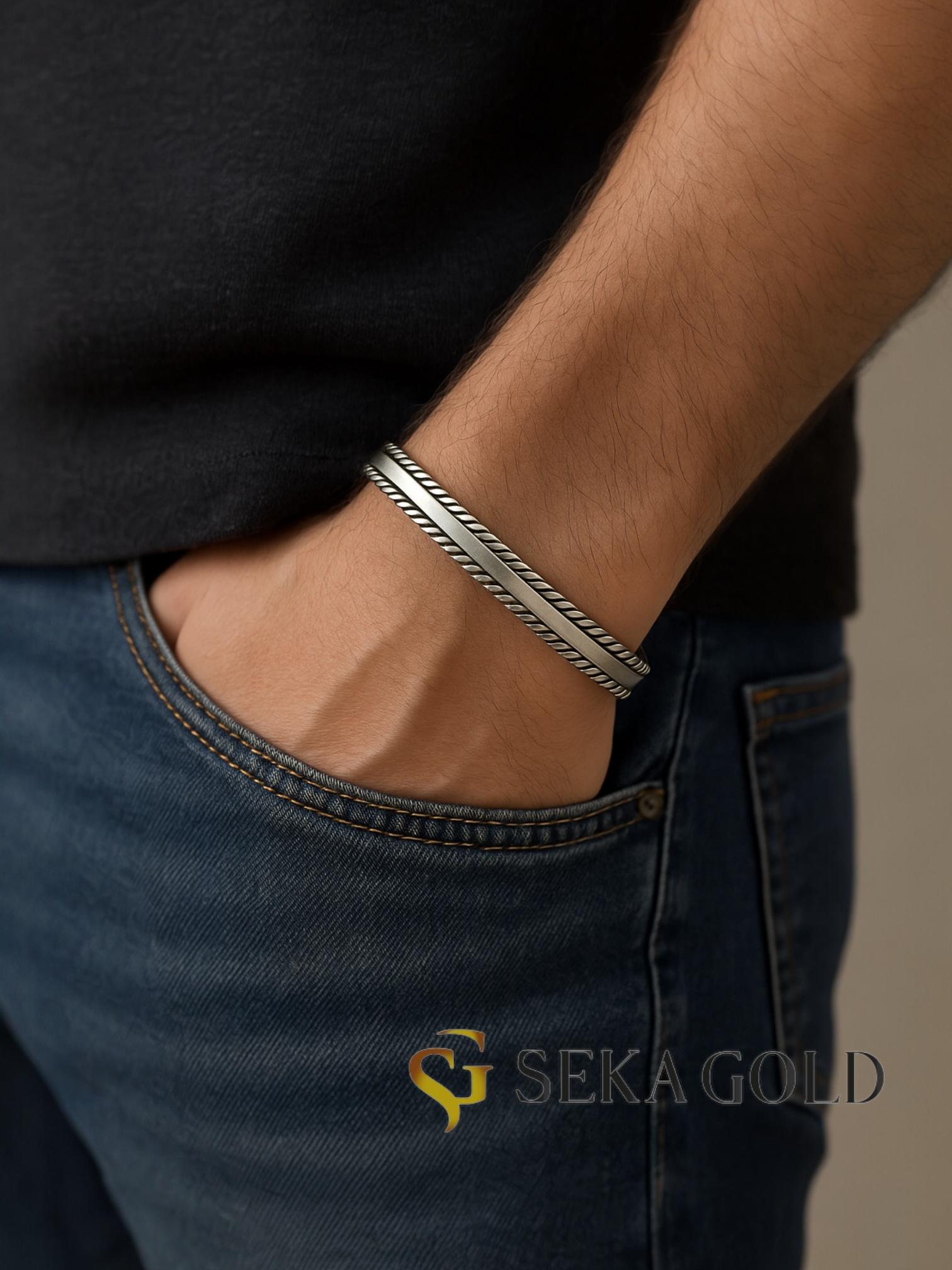 Örgü Detaylı Kelepçe Bileklik – 925 Ayar Gümüş